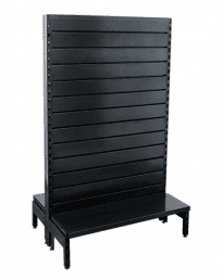 Narrow Aisle Double Sided Black Metal Slatwall Gondola Shelving Units 300mm Base